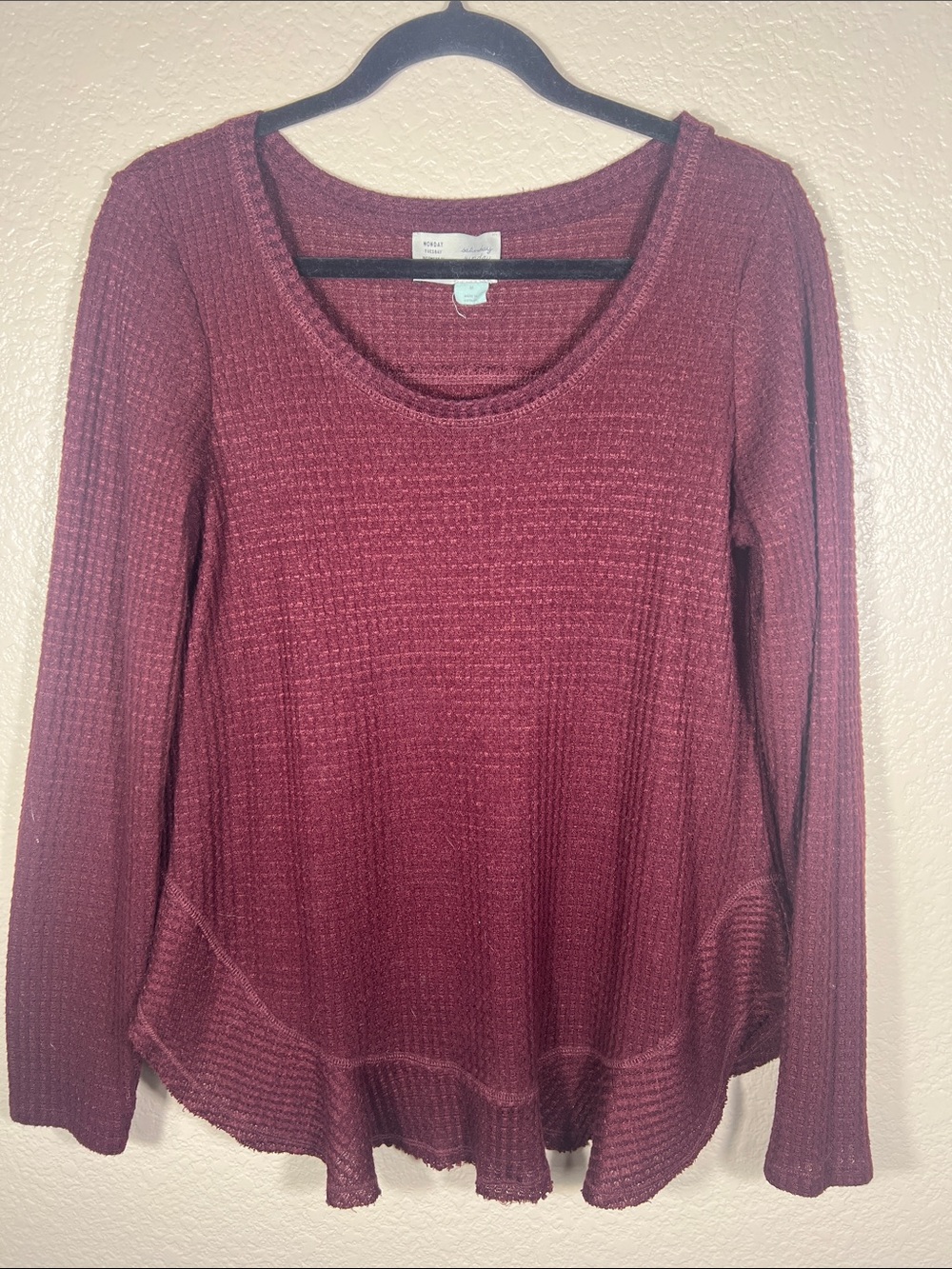 Anthropologie Burgundy/Wine RedWaffle-Knit Long Sleeve Top
